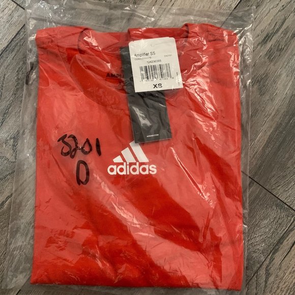 NWT ADIDAS MEN'S AMPLIFIER SHORT SLEEVE SHIRT ORANGE/WHITE XS - Picture 2 of 3